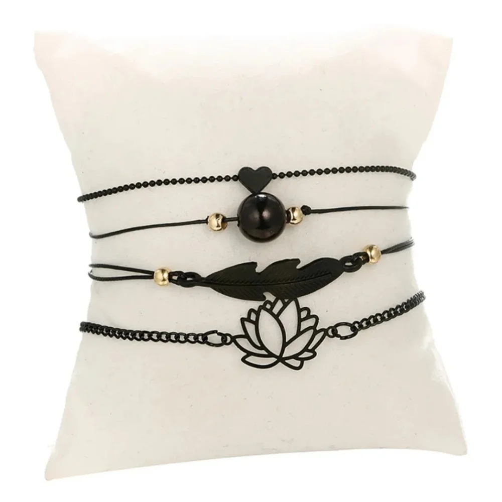 4pc Black & Gold Charm Layering Bracelets Feather Lotus Flower Heart Bead - Picture 12 of 13